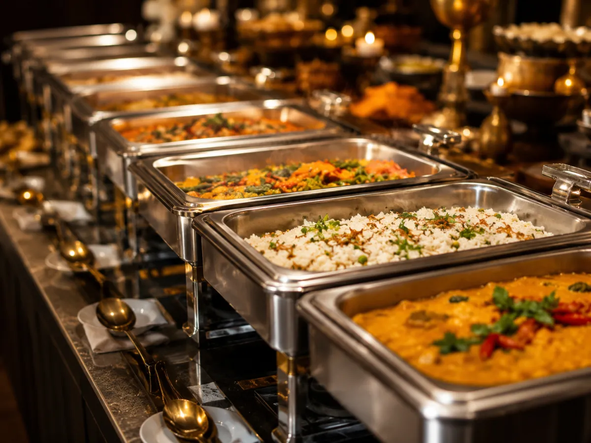 Pure-veg catering buffet in steel chafing dishes