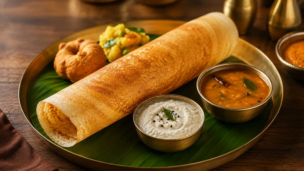 Crisp masala dosa with sambar, chutney and vada